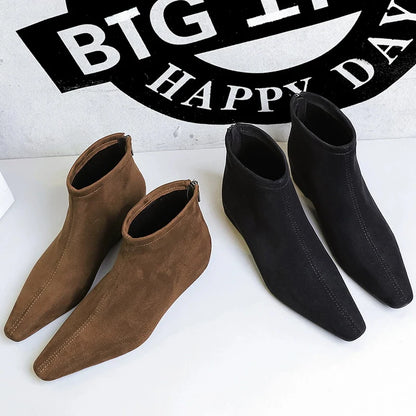 BIGTREE Shoes Women's Boots Rear Zipper Women's Ankle Boots Suede Square Head Wedges Boots Fashion Short Boots Botas Mujer