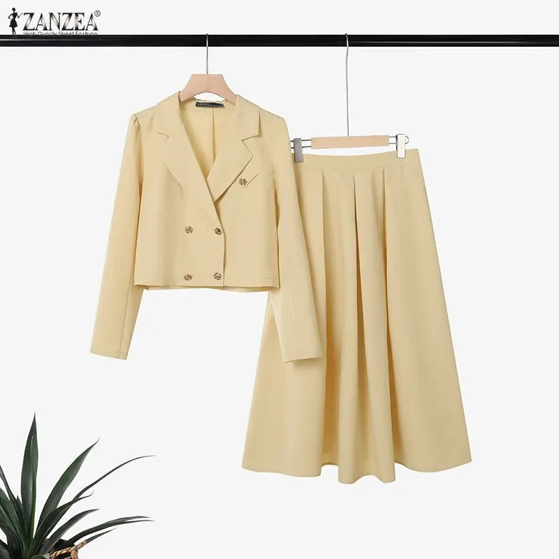2026 ZANZEA Elegant Women OL Work Dress Sets 2026 Spring Lapel Neck Long Sleeve Shirt Tops Skirt Suit Solid Outfits 2 Piece Sets