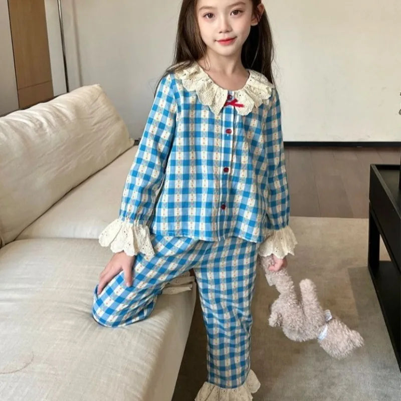 Spring Autumn Girls' Cloud Cotton Pajama Set with Lace Trim Medium Large Kids' Striped Plaid Homewear Casual Outfit