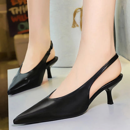 BIGTREE Shoes Kitten High Heels Women Pumps Stiletto Heels 5 cm Pointed Toe Middle Heel Shoes Rear Empty Rear Strap Women Shoes