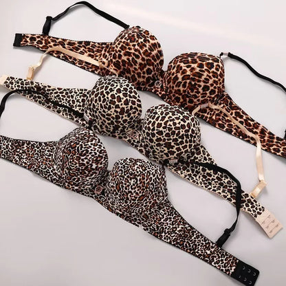 New 2025 Leopard Print Upper Thin Lower Thick Bra Set  Sexy Push-Up Bra Set