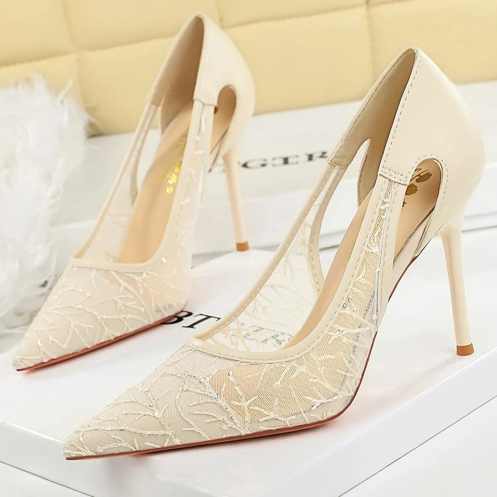BIGTREE Shoes Women Pumps Hollow Lace Mesh High Heels Sexy Party Shoes Stiletto Heels 9.5 cm Pointed Tip Female Banquet Shoes