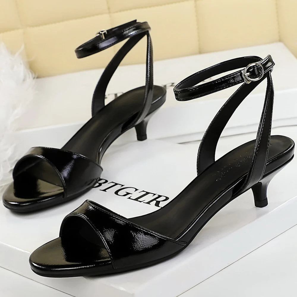 BIGTREE Shoes Open-toe Mid-heel Women Shoes Patent Leather Women Pumps Sexy Women Heels Stiletto 4 cm Buckle Summer Sandals