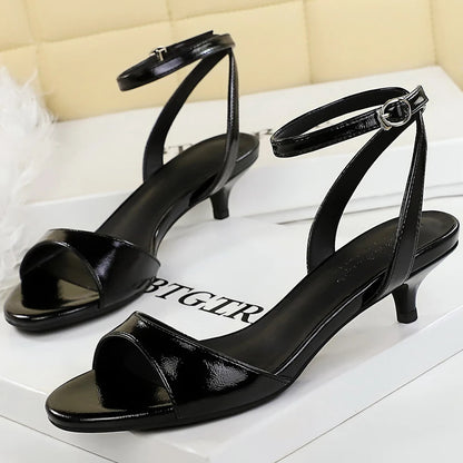 BIGTREE Shoes Open-toe Mid-heel Women Shoes Patent Leather Women Pumps Sexy Women Heels Stiletto 4 cm Buckle Summer Sandals