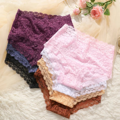 4PCS/SET Women Soft Lace Panties Breathable High Waist Underwear Hollow Sexy Lingerie Floral Solid Color Transparents Briefs New