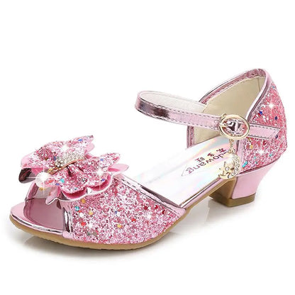 Children Princess Sandals Kids Girls Wedding Shoes High Heels Dress Shoes Bowtie Purple Pink Blue Silver Shoes For Girls