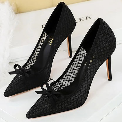 BIGTREE Shoes Mesh Lace Women Pumps Bowknot High Heels 9.5 Cm Stiletto Sexy Party Shoes Luxury Banquet Shoes Ladies Pumps 2026