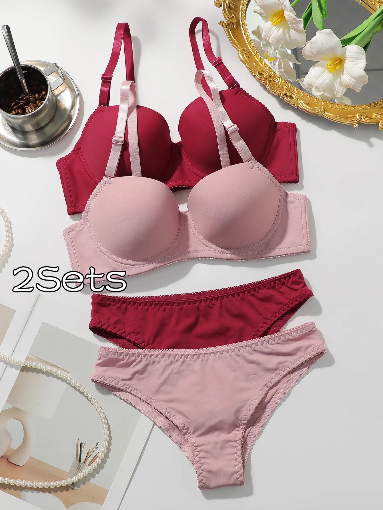 2 Packs Women's Underwire Padded Bra Sets Solid Push Up T-Shirt Bras with Matching Panties Sexy & Comfortable Everyday Lingerie