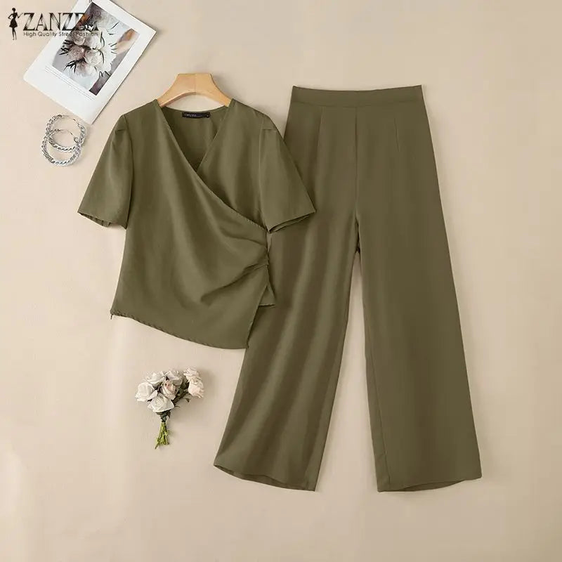 ZANZEA Women Elegant Chic 2pcs Pant Sets Short Sleeve Asymmetrical Blouses & Wide Leg Pants 2 Piece Suits OL Commute Outifts