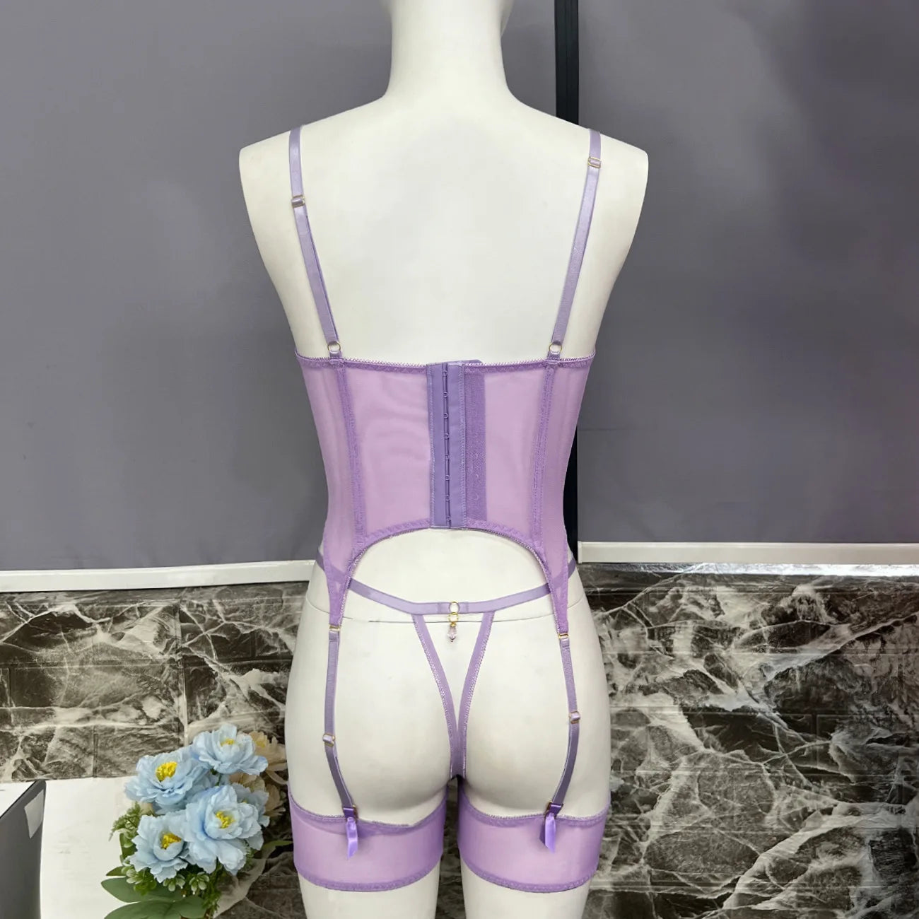 Floral Embroidery Mesh Corset Lingerie Set See Through Garter Belt 3 Piece Sexy Outfit Valentine Boudoir Photoshoot Romantic