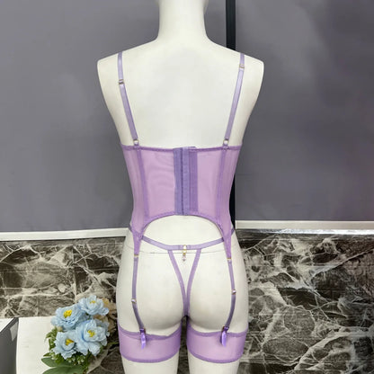 Floral Embroidery Mesh Corset Lingerie Set See Through Garter Belt 3 Piece Sexy Outfit Valentine Boudoir Photoshoot Romantic
