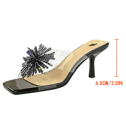 BIGTREE Shoes Rhinestone Flower Heeled Sandals Women Summer Shoes Square Head Slippers Women Transparent Stiletto Heels 6.5 cm