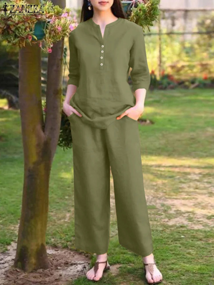 2025 Autumn Pant Sets ZANZEA Women 2PCS Outfits Elegant 3/4 Sleeve Blouse Wide Leg Trousers Suit Fashion Solid OL Work Tracksuit