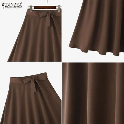 ZANZEA Elegant Maxi Skirts 2026 Women Elastic Waist Jupes Casual Faldas Saia Belted High Waist Fashion Solid Street Overskirts