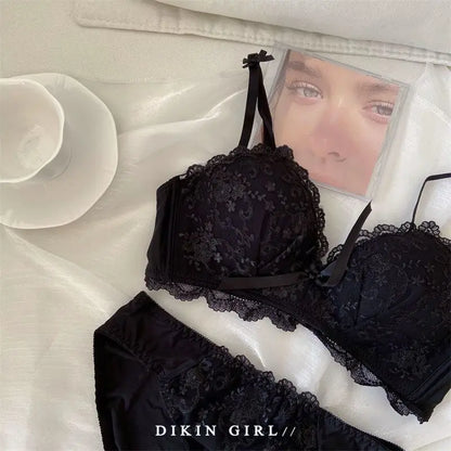 Sexy Lace Embroidered Bra Set with Small Chest Gathered for Collection, Accessory Breasts Without Steel Rims, Underwear Set