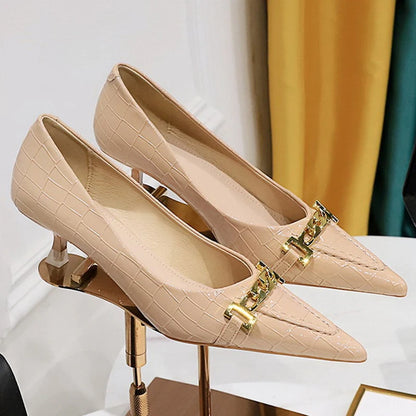 BIGTREE Shoes Metal Chain Decoration Women Pumps Patent Leather Kitten High Heels 4.5 Cm Ladies Shoes Sexy Women Heels Office