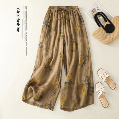 High Waist Wide Leg Pants Women's Casual Floral Print Artistic Versatile Cotton Linen Spring Autumn Season Pear Shaped Body Type