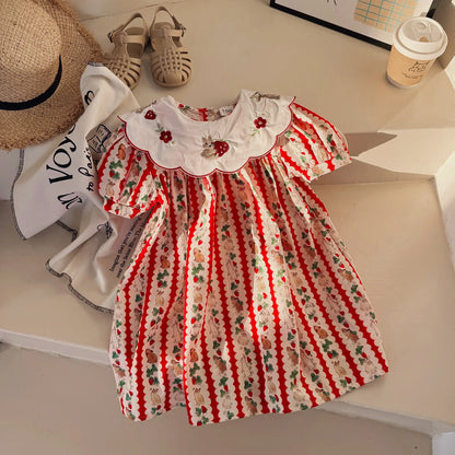 2025Girls' Summer New Floral Turn-down Collar Rabbit Embroidered Puff Sleeve Sweet Princess Dress
