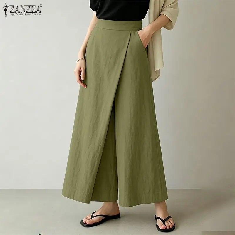 Summer Spring ZANZEA Women Pants Solid Color Loose Female Wide Leg Pants Casual Long Trousers Streetwear Fashion Bottoms