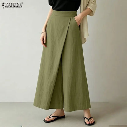 Summer Spring ZANZEA Women Pants Solid Color Loose Female Wide Leg Pants Casual Long Trousers Streetwear Fashion Bottoms