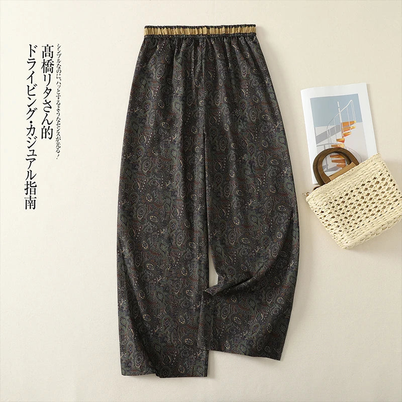 Cotton and Linen Printed Casual Pants Women's Summer New Arrival Fashionable Retro Elegant Drawstring High Waist Wide Leg Pants
