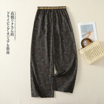 Cotton and Linen Printed Casual Pants Women's Summer New Arrival Fashionable Retro Elegant Drawstring High Waist Wide Leg Pants