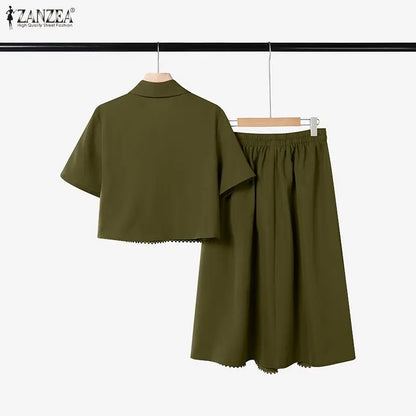 ZANZEA Women's Elegant Lace Trim Skirt Suits Casual Short Sleeve Cropped Shirt & Pleated A-Line Skirts 2 Pieces Sets Outfits 3XL