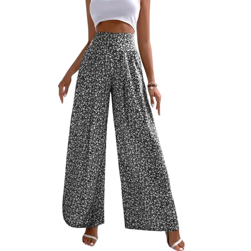 2024 New Red Green Blue Black Floral High-Waisted Bell-Bottoms Pants Loose and Comfortable Slim Ladies Design Feeling Pants