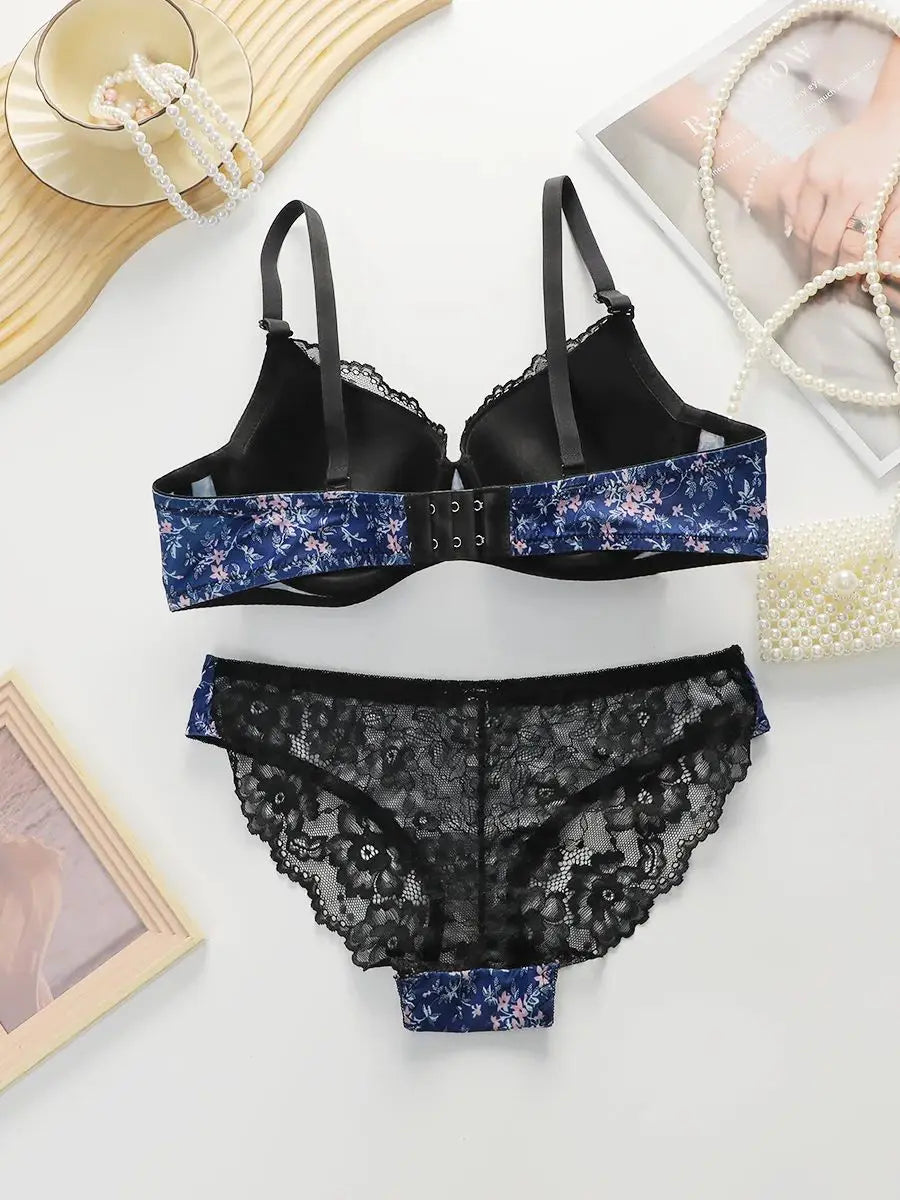 Women's Sexy Printed Lace Edge Bra Set With Steel Ring Gathering Push Up Daily Close Fitting Underwear Set B6016