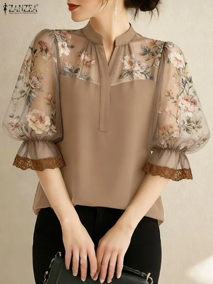 ZANZEA Elegant Women Blouses Floral Printed Chiffon Patchwork Tops Fashion V-Neck 3/4 Puff Sleeve Lace Trim Woman Clothes S-3XL