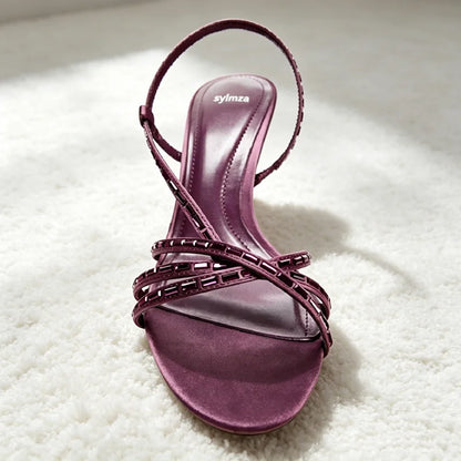 Rhinestone Detail Purple Heeled Sandals Women Cross-Strap High Heels for Ladies Summer Elegant Women's Shoes Sandalias De Mujer