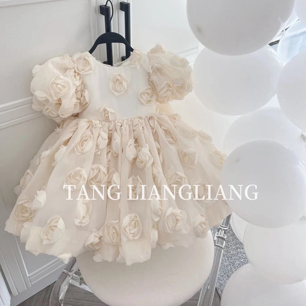 HETISO Flower Girl Dress Appliques Vintage Princess Kids Wedding First Birthday Pageant Party Ball Gown Children Wear 1-12 Years