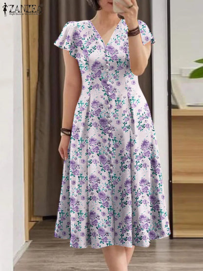 ZANZEA Women Fashion All-over Floral Print Party Dress Elegant V Neck Ruffle Short Sleeve Midi Dresses Casual A-line Vestidos