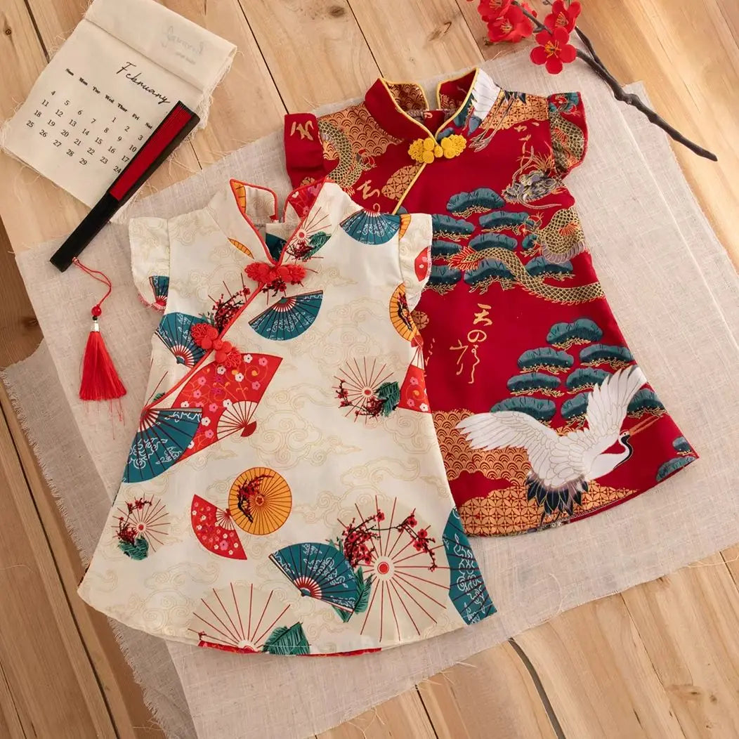 Baby Cheongsam Summer Chinese Style Print Fly Sleeve Cotton Red Qipao Toddler Girl Dress 0-2 Years