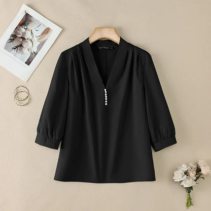 ZANZEA Women Sophisticated Pearls Detail Blouses V-Neck Pleated 3/4 Puff Sleeve Solid Color Tops Office Elegant Blusas de Mujer