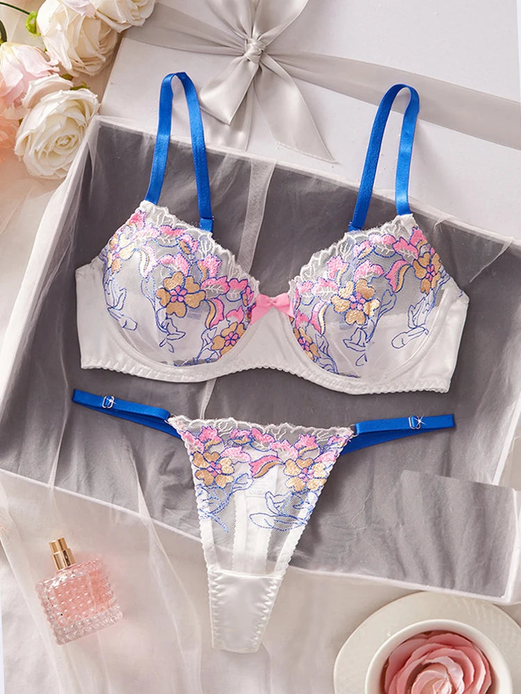 Women's Lingerie Sweet Floral Embroidered Lingerie Set Underwire Push Up Bra Panties Sets Elegant Mesh Underwear Soft Intimate