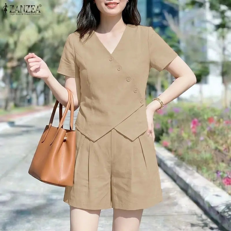 ZANZEA Women's Short Sets Asymmetric Placket Short Sleeve Tops & Elastic Waist Shorts 2 Piece Suits Summer Casual Chic Outfits