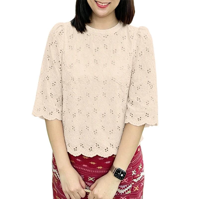 ZANZEA Women's Casual Openwork Blouses O-Neck Half Sleeve Embroidered Floral Patchwork Tops Summer Daily Wear Blusas de Mujer