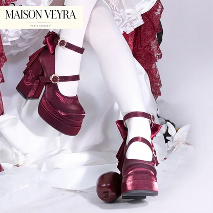 Elegant Satin Waterproof Lolita Mary Jane Shoes Women's Sweet Cute Girls Bow Paltform High Heel Ladies Pumps Platform Heels