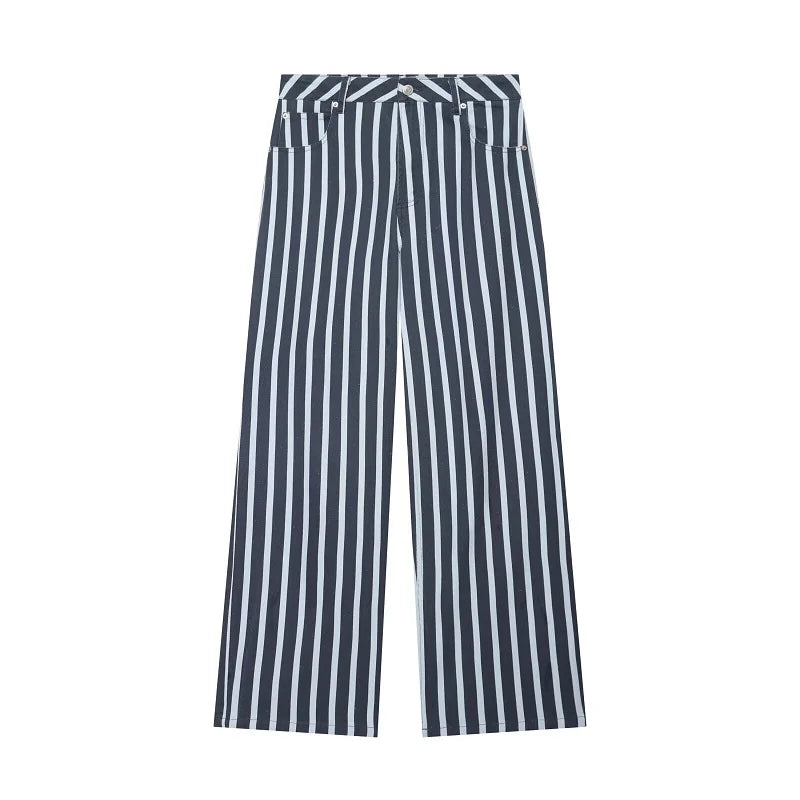 MUJER Striped Baggy Jeans Woman Summer Wide Denim Pants for Women Fashion Mid Waist Woman Trousers Streetwear Mom Women's Jeans