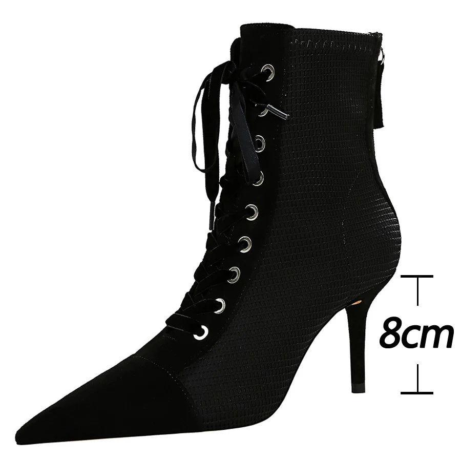 BIGTREE Shoes Ladies Ankle Boots Fashion Pointed Tip Crisscross Straps Women Boots Rear Zipper Sexy High Heel Boots Stiletto