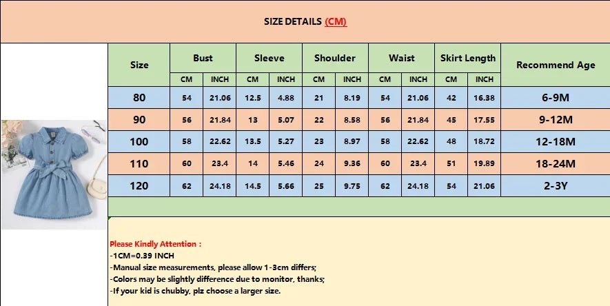 Baby Girl Fashion Dress Bubble Sleeve Lapel Jeans Casual Dress+Belt Summer Birthday Party Costumes for 1-3 Years Toddler Girl
