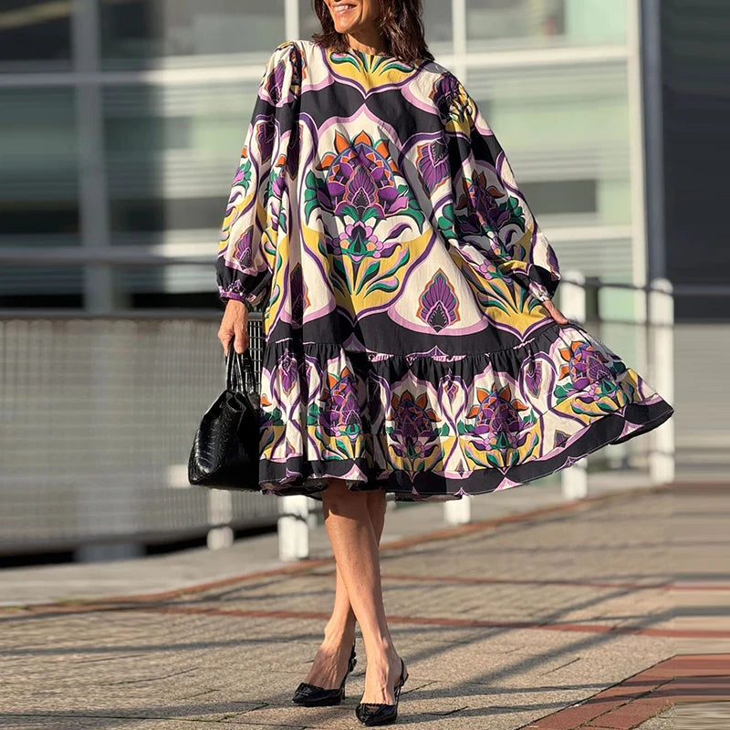 New Autumn Long Sleeve Casual Party Dress Vintage Pattern Print Loose Fit Oversized Dress Women Spring O Neck Pleated Long Dress