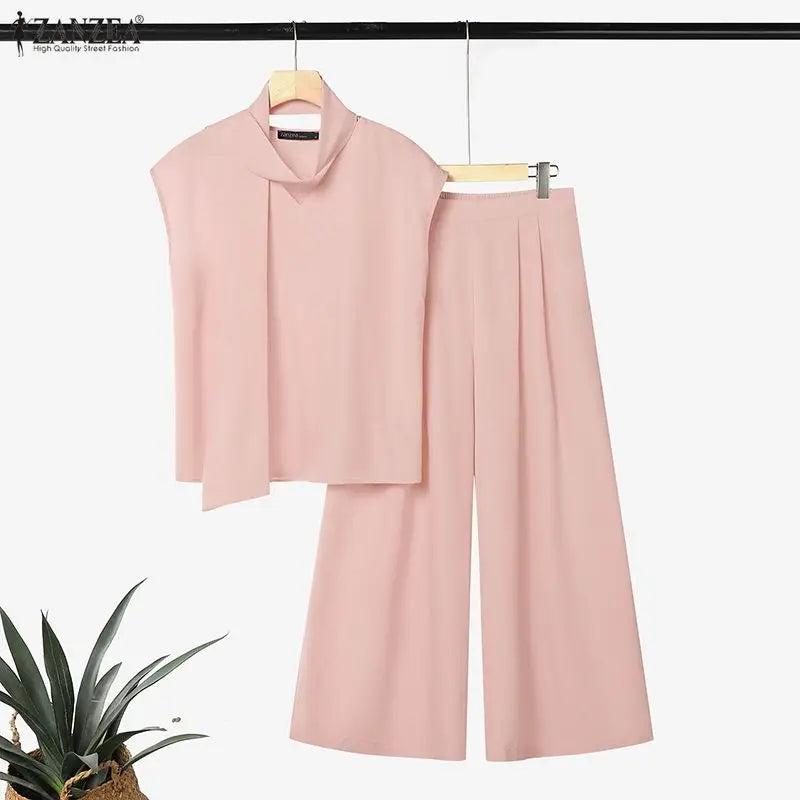 ZANZEA Women Minimalist 2pcs Matching Pant Sets Sashes V-Neck Blouses & Elastic Back Waist Wide Leg Pants Suits Outfits Commute