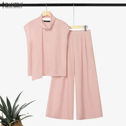 ZANZEA Women Minimalist 2pcs Matching Pant Sets Sashes V-Neck Blouses & Elastic Back Waist Wide Leg Pants Suits Outfits Commute