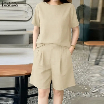 Fashion Summer Short Sleeve Blouse Short Sets 2026 ZANZEA Women Solid Color Tracksuit 2026 Stylish OL Work Outfits 2 Pieces Sets