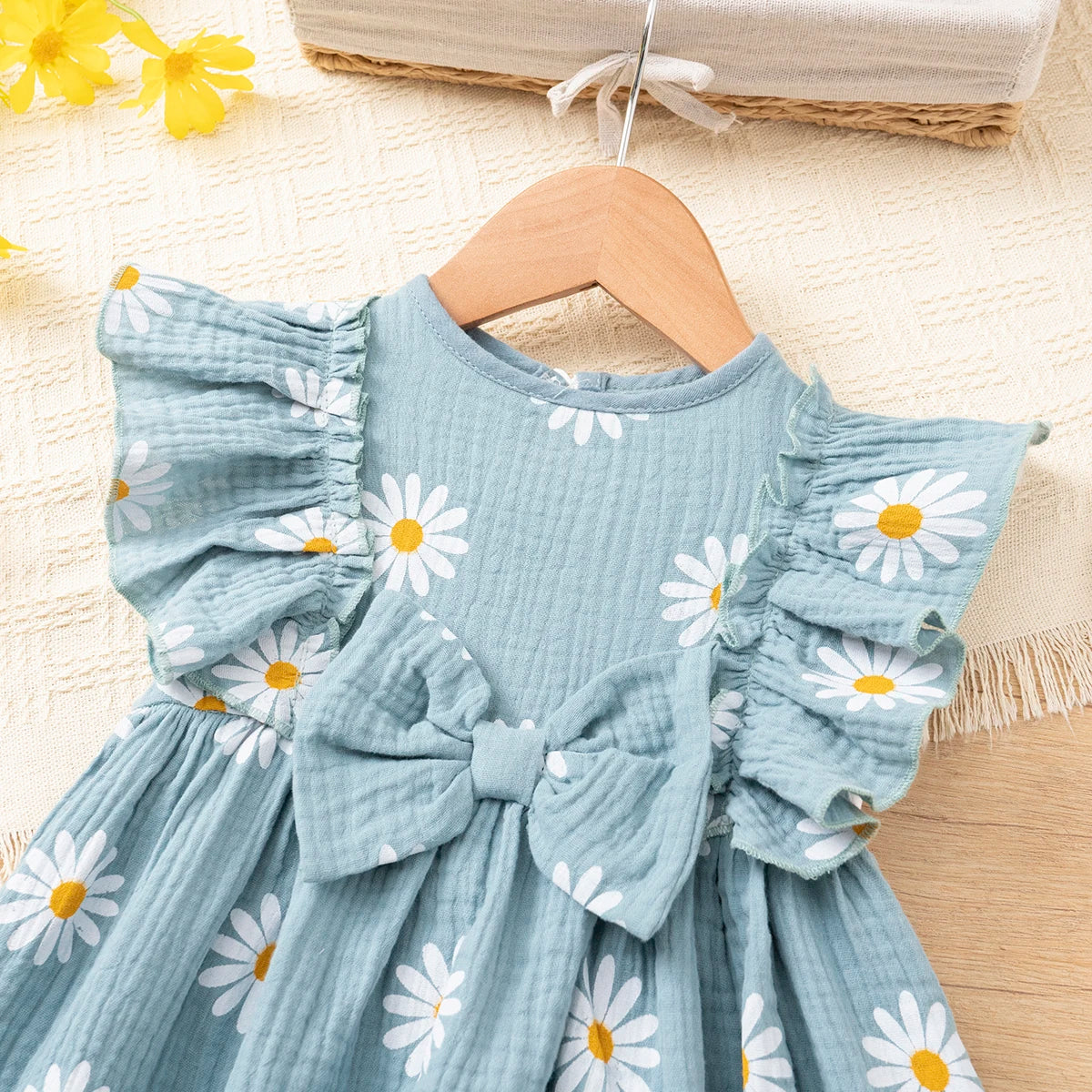 Girls' summer daisy print dress, cotton muslin sweet bowknot dress, ruffle sleeve breathable lightweight dress