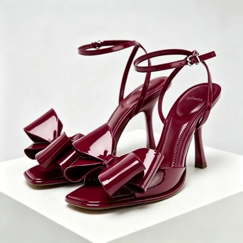Luxury Red Butterfly-knot Ankle Strap Heeled Sandals Women Sexy Square Toe Peep Toe Thin High Heels Elegant Wedding Bridal Heels