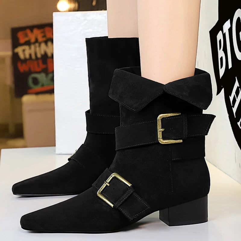 BIGTREE Shoes 2026 New Women Western Boot Retro Mid-Calf Boots Square Head Belt Buckle Women Boots Suede Thick Heel Autumn Boots