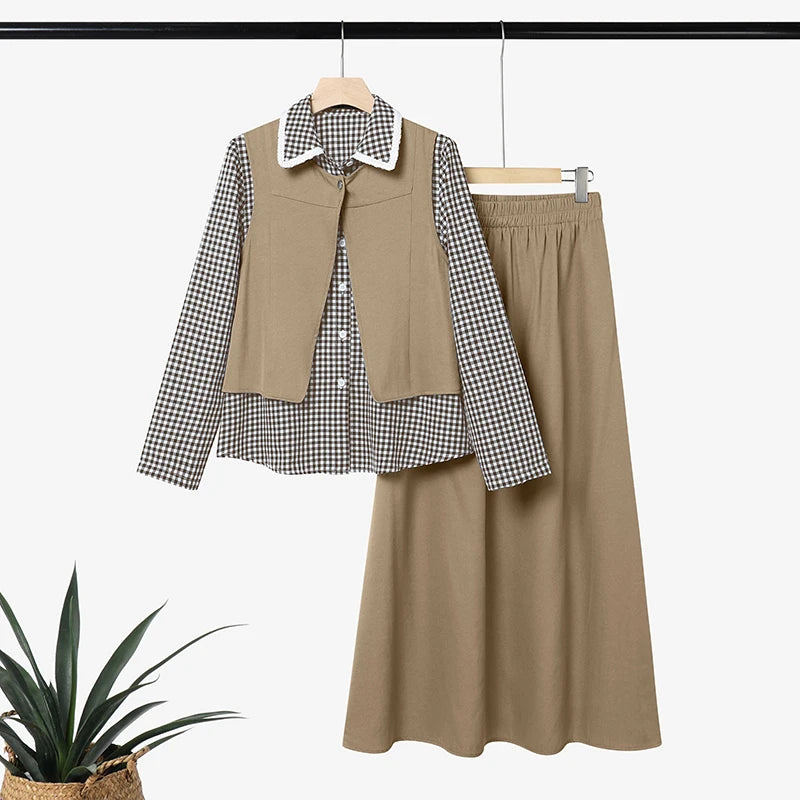 ZANZEA Women Muslim Sets Vintage Gingham Patchwork Fake 2 Pieces Blouse  Maxi Skirt Suit Casual Long Sleeve Tops Matching Sets